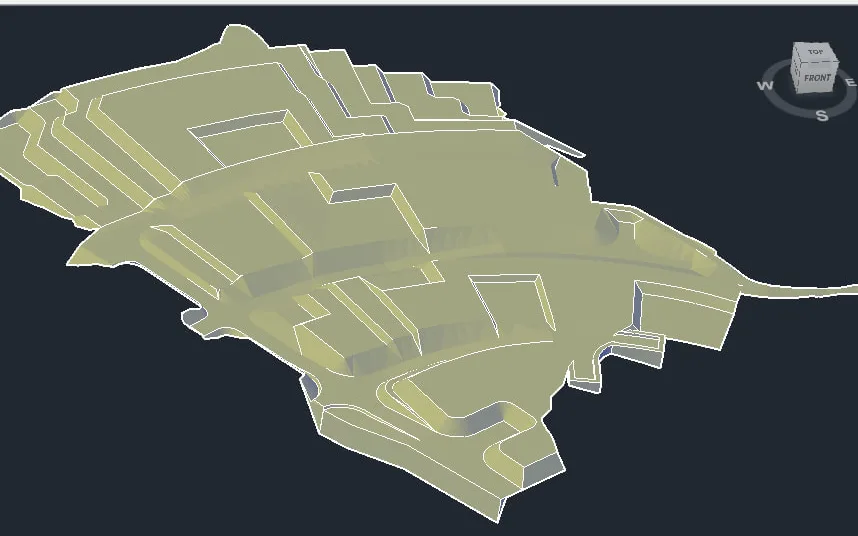 A graded TIN surface shown in the Civil 3D Object Viewer, with pad benches, cut and fill slopes and a road corridor readable as three-dimensional faces rather than a flat mesh.