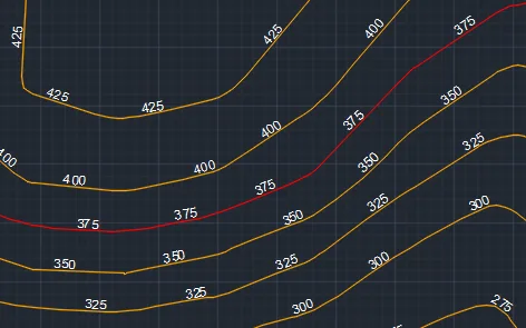 Generated contour lines in CAD, each labelled with its elevation from 275 through 425, with the index contour drawn in red against the intermediate contours in orange.